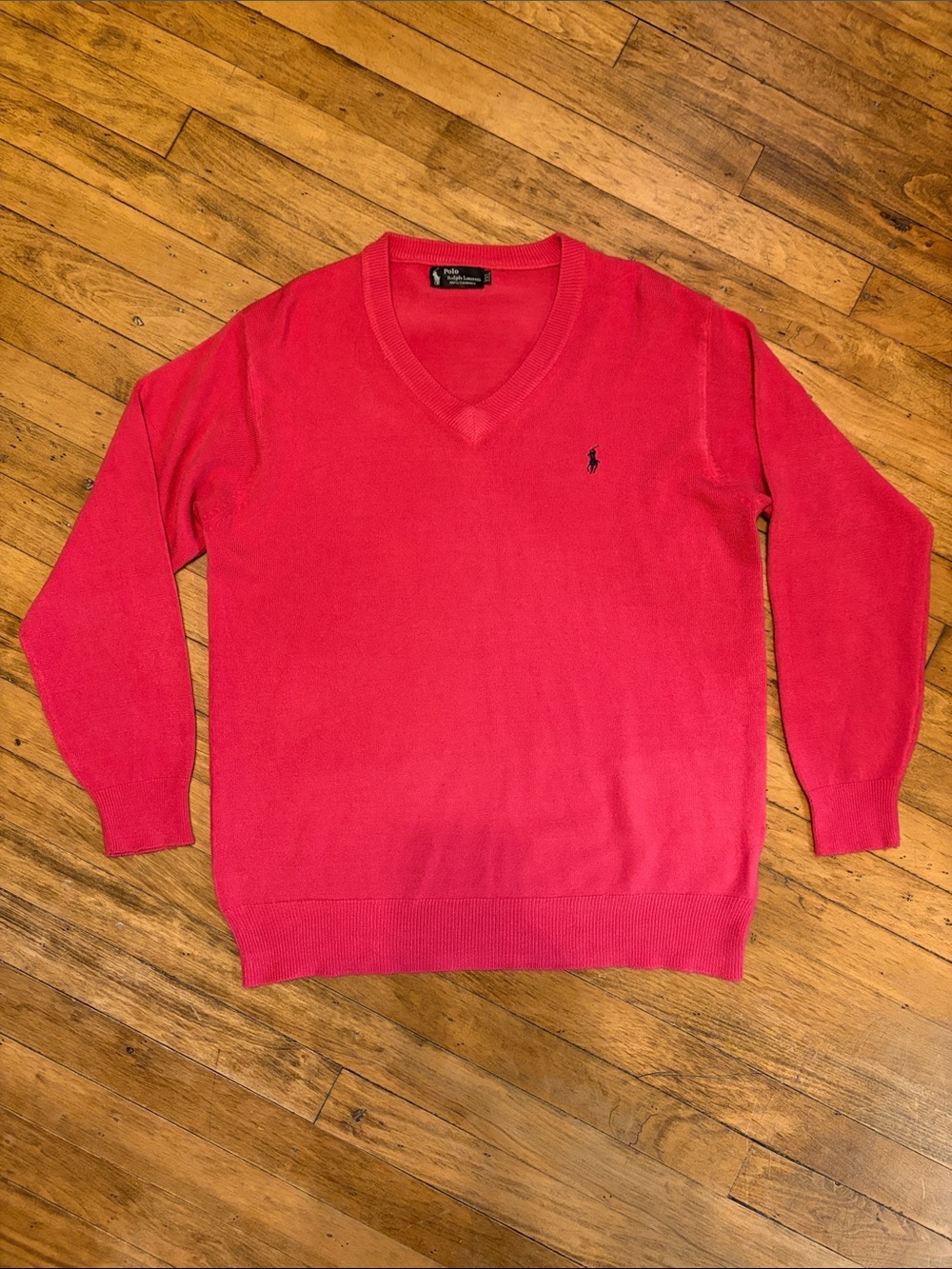 Polo by Ralph Lauren 100% Cashmere - Bright Pink V-Neck Sweater with Navy Pony